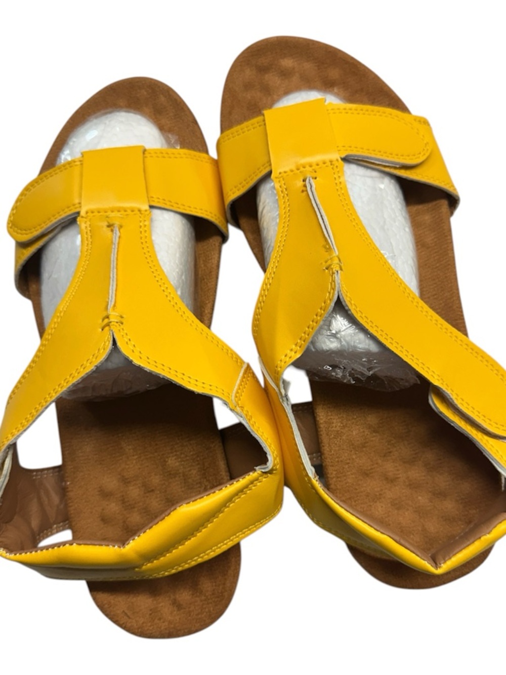 Women’s Yellow Comfort T-Strap Sandals Sz 42 Cushioned Footbed Adjustable Summer